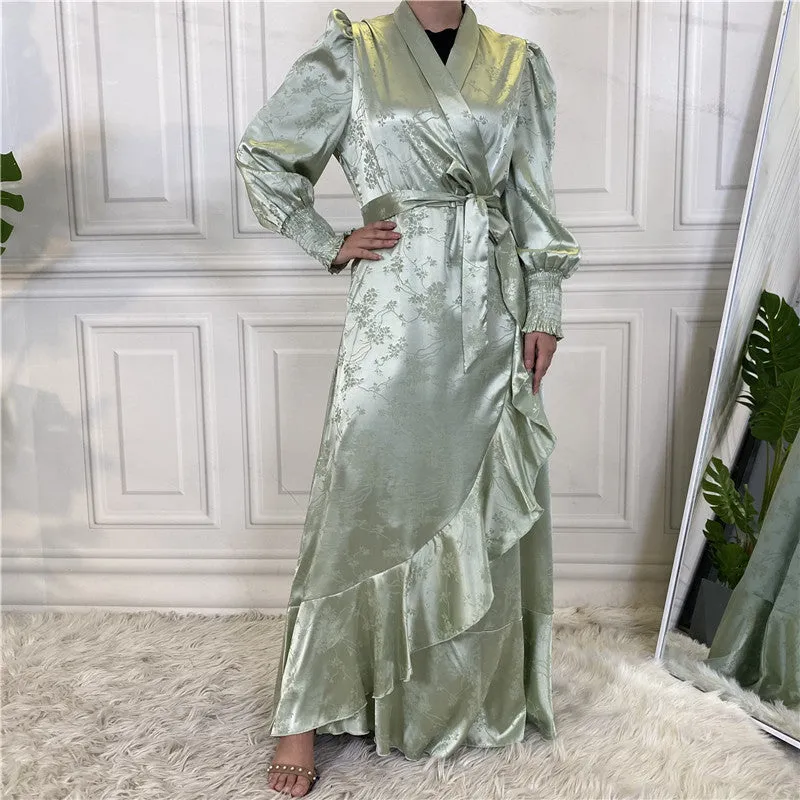 Women's patchwork satin Muslim dress in green with printing pattern and collage stitching