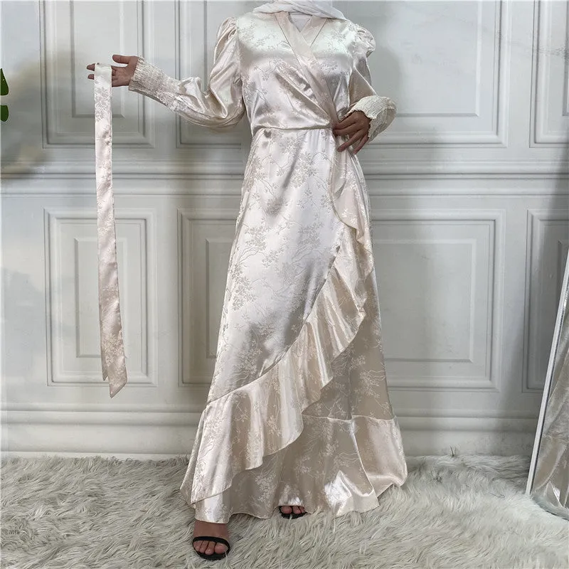Women's patchwork satin Muslim dress in green with printing pattern and collage stitching