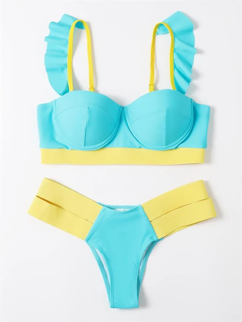 Women's contrast colour bikini swimsuit with steel bracket push-up board in nylon fabric