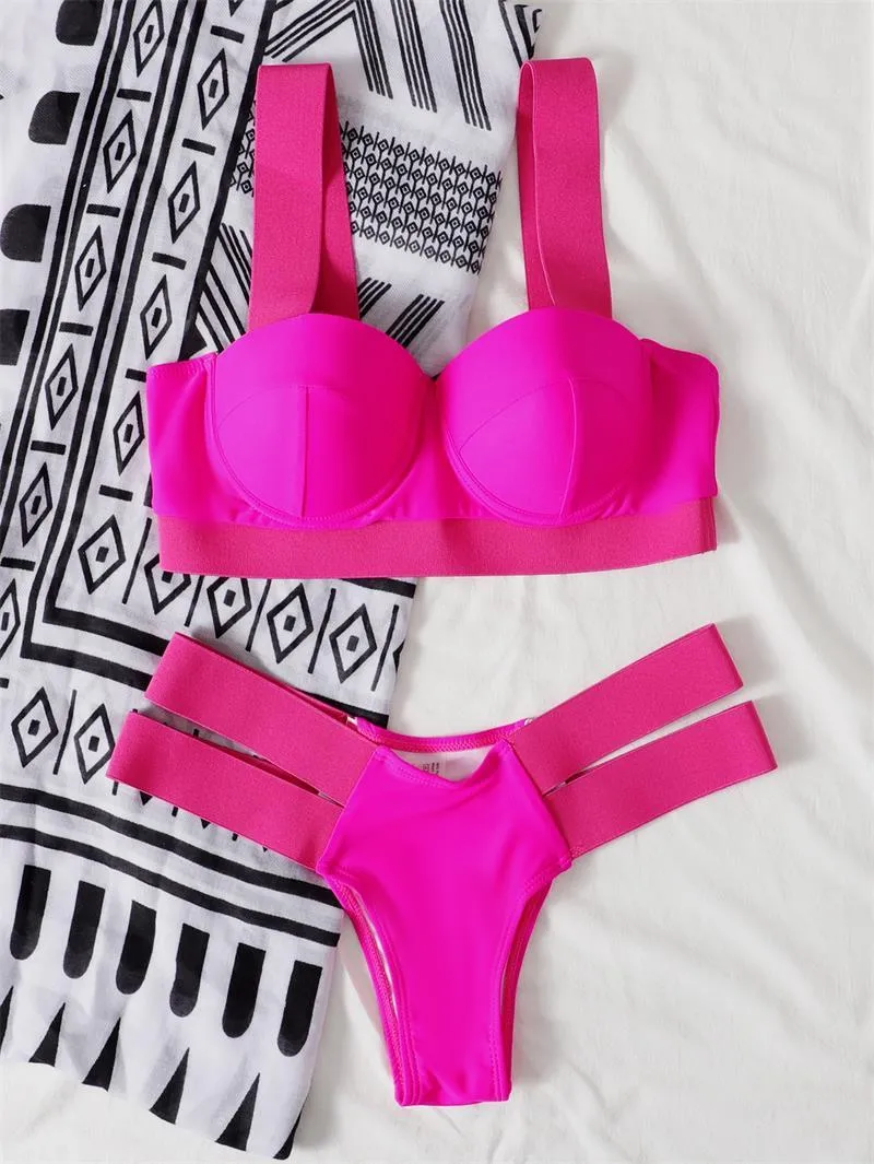 Women's contrast colour bikini swimsuit with steel bracket push-up board in nylon fabric