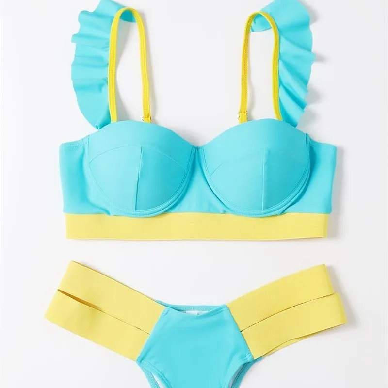 Women's contrast colour bikini swimsuit with steel bracket push-up board in nylon fabric