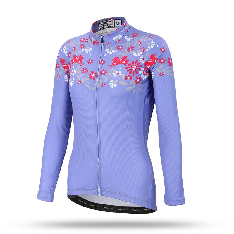 Women's long sleeve cycling jersey in blue wisp colour, 100% polyester mesh fabric, sport close cut