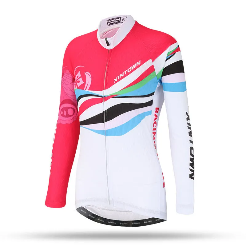 Women's long sleeve cycling jersey in blue wisp colour, 100% polyester mesh fabric, sport close cut