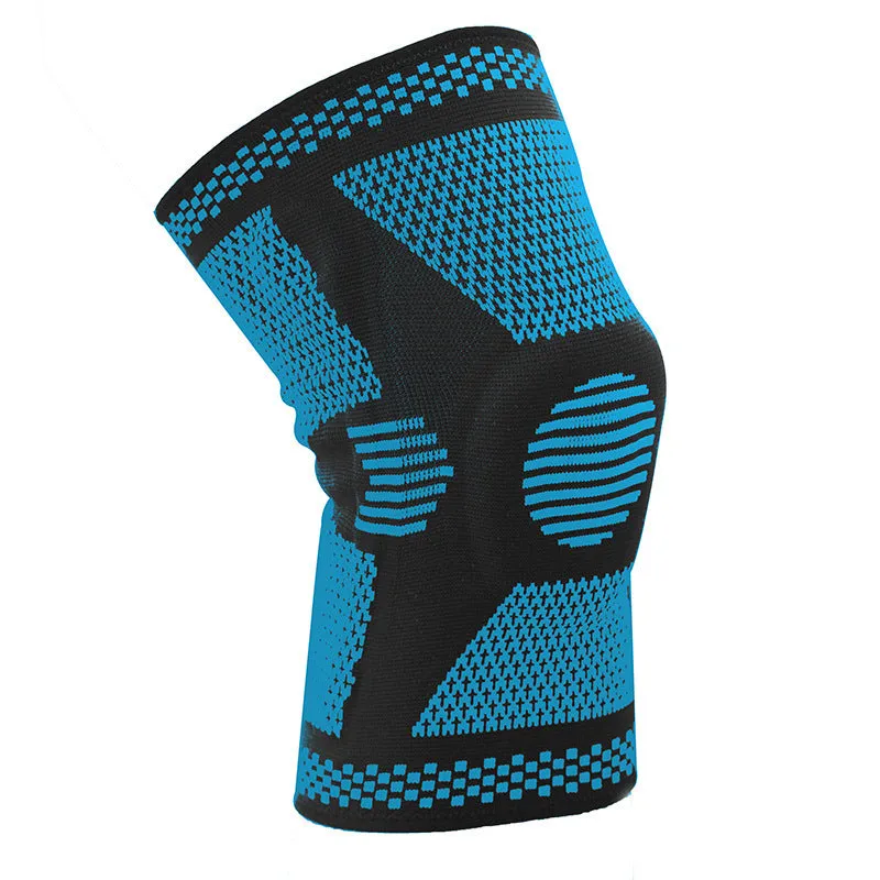 Blue sports knee pad with a visible silicone spring circle on a polyamide sleeve.