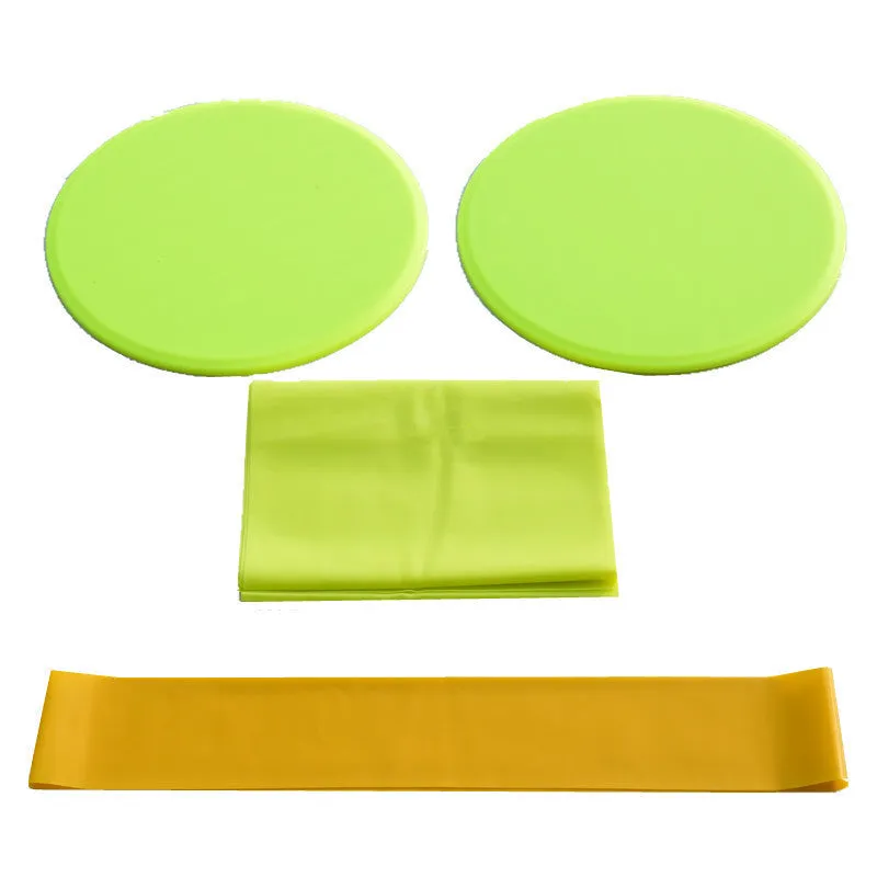 Yoga fitness three-piece set with sliding discs, tension band, and resistance ring in multiple colours