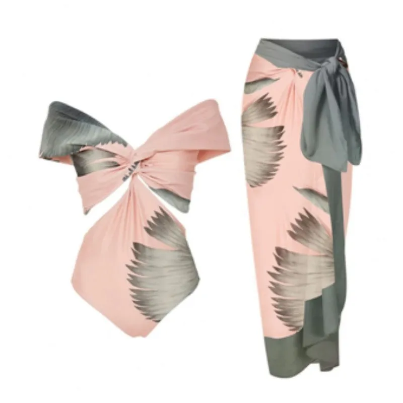Women's vintage holiday pink polyester bikini suit with matching skirt for swimming and wading