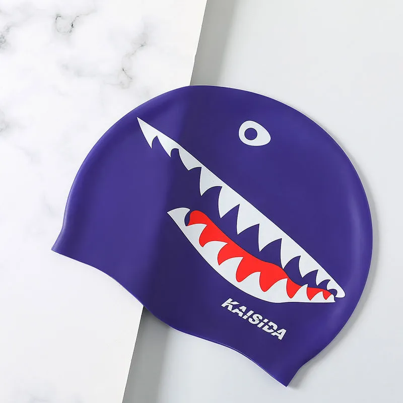 Large silicone swimming cap in shark black with printed design for unisex use