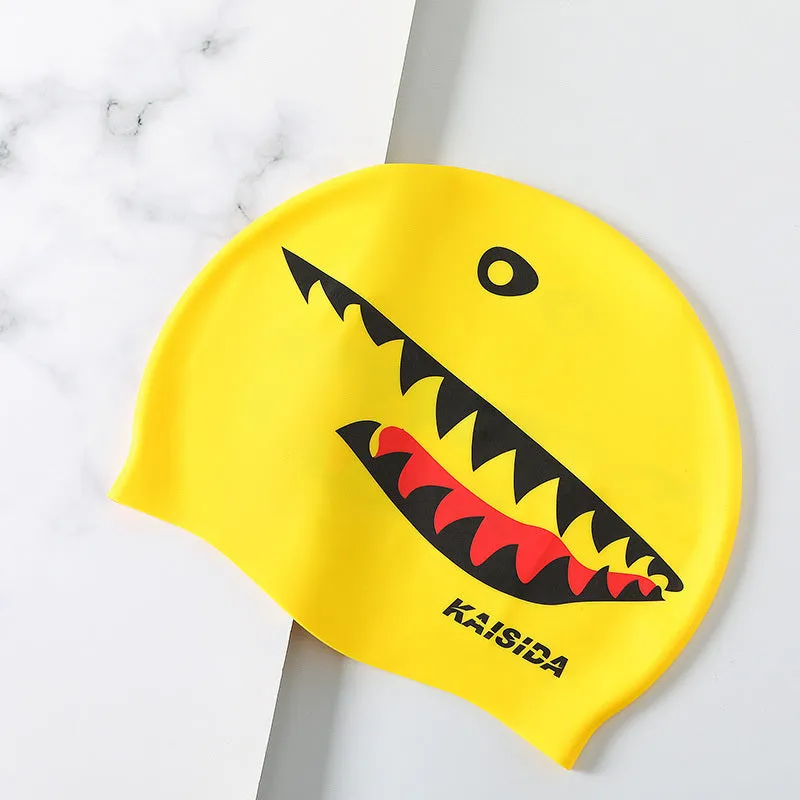 Large silicone swimming cap in shark black with printed design for unisex use