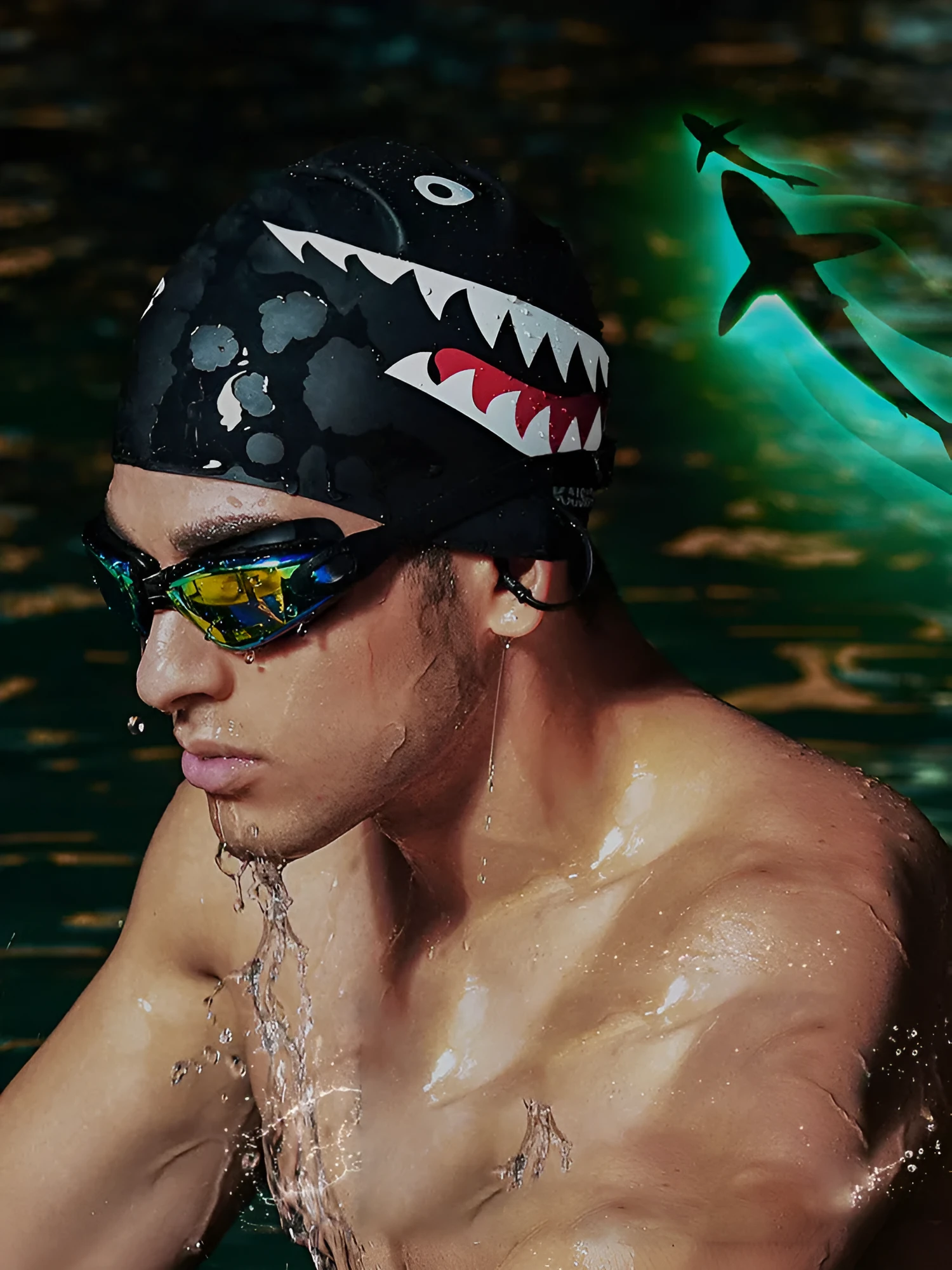 Large silicone swimming cap in shark black with printed design for unisex use
