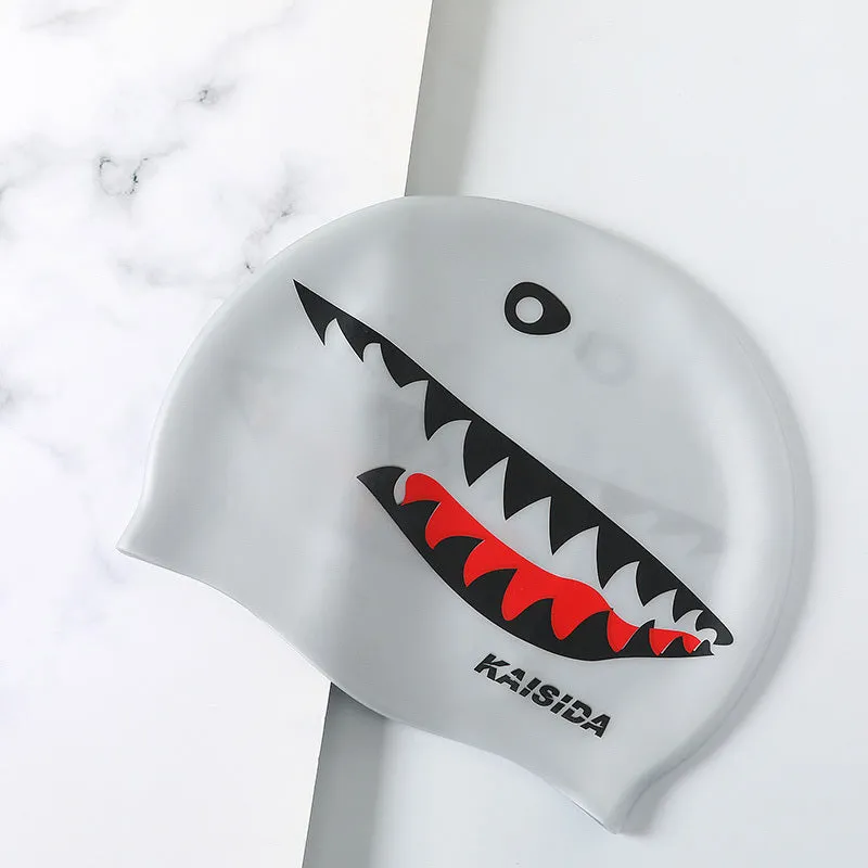 Large silicone swimming cap in shark black with printed design for unisex use