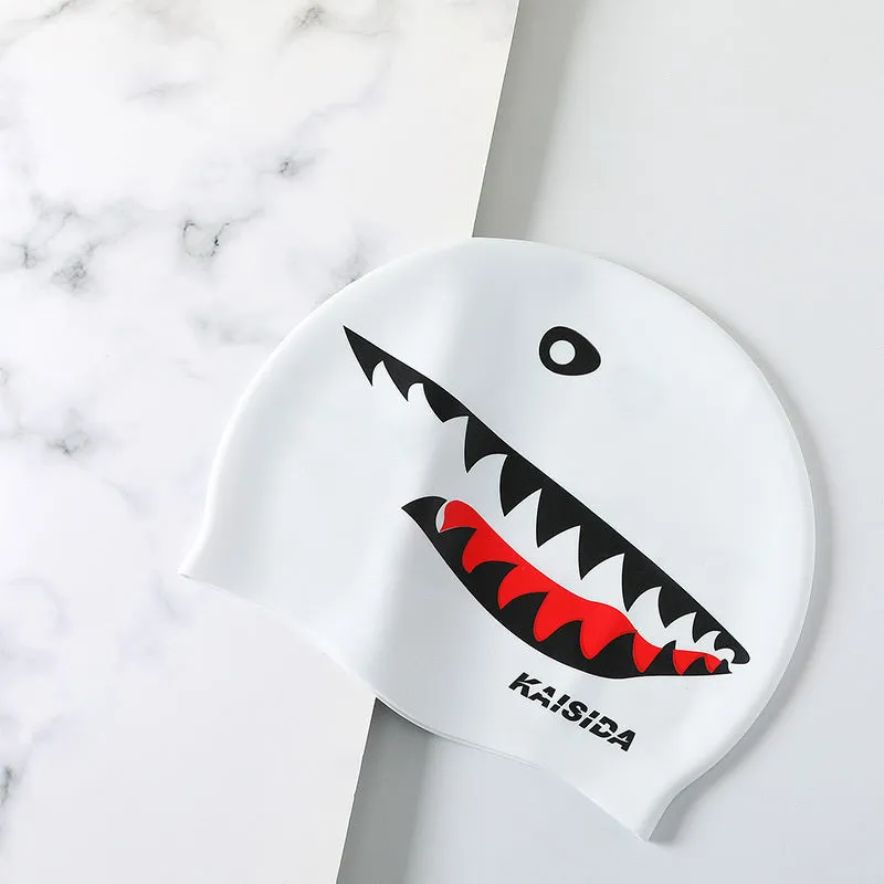 Large silicone swimming cap in shark black with printed design for unisex use