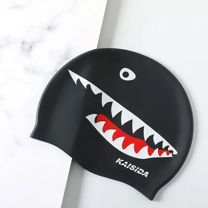 Large silicone swimming cap in shark black with printed design for unisex use