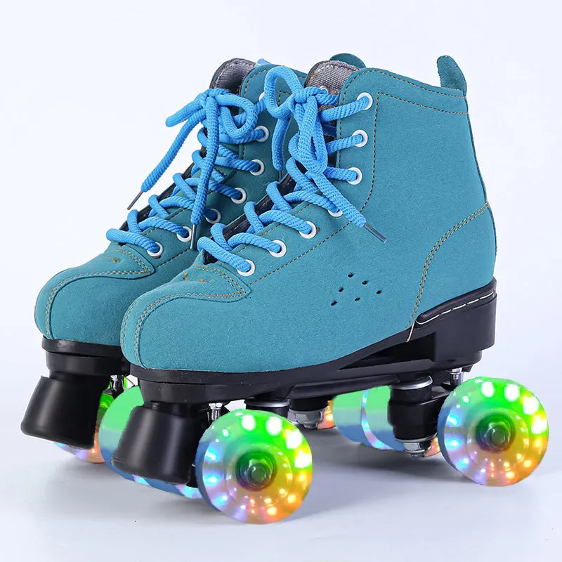 Blue leather roller skates with black double PU wheels and rubber sole