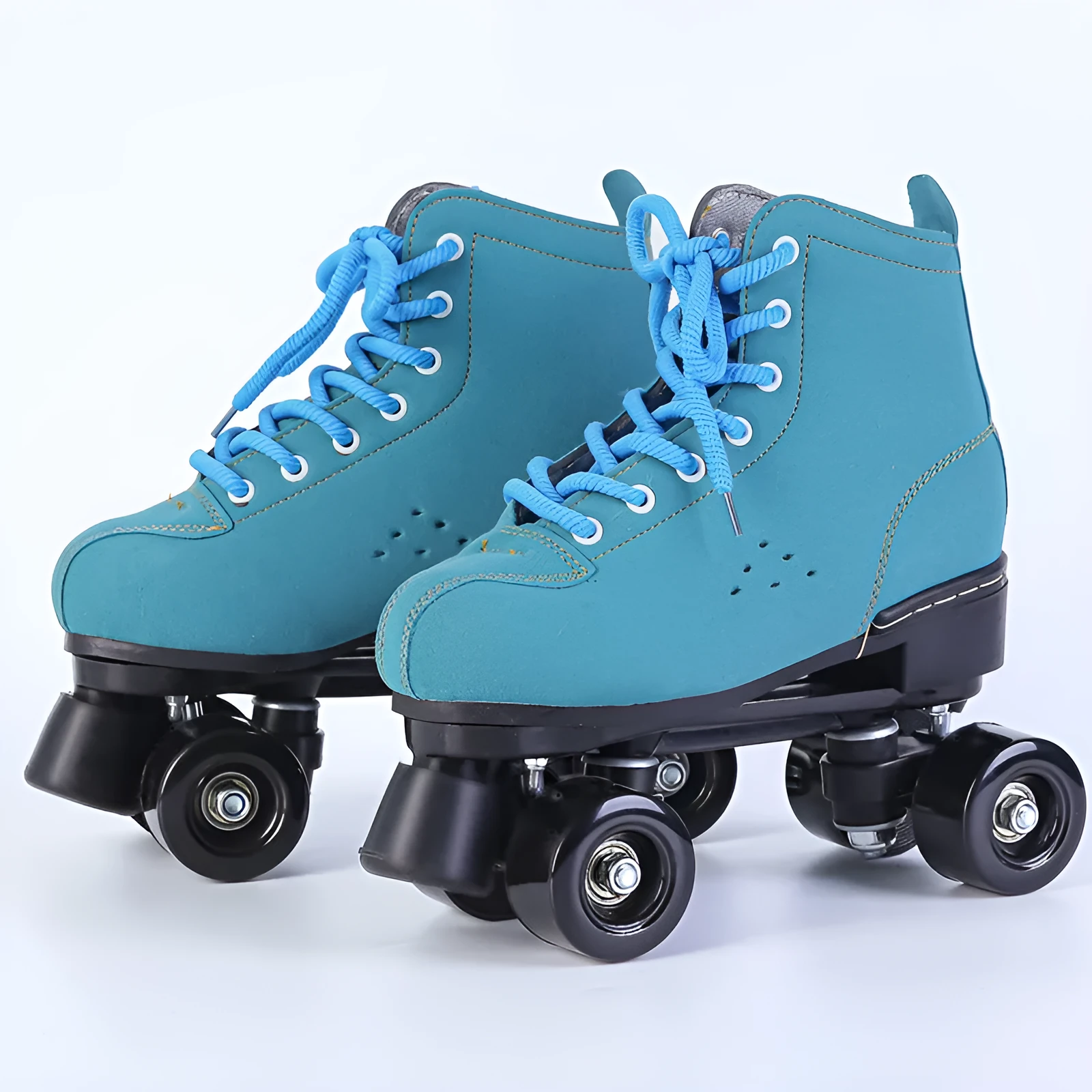 Blue leather roller skates with black double PU wheels and rubber sole