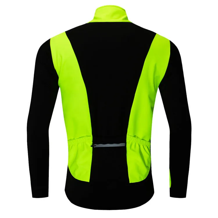 Unisex soft shell thermal fleece cycling jacket in black with green, side view