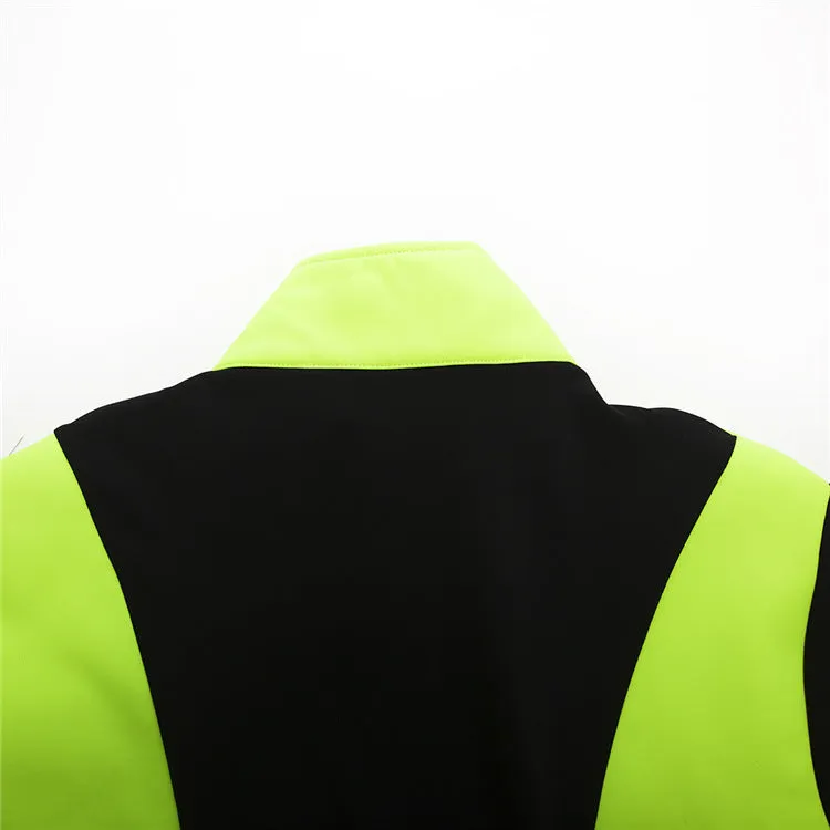 Unisex soft shell thermal fleece cycling jacket in black with green, side view
