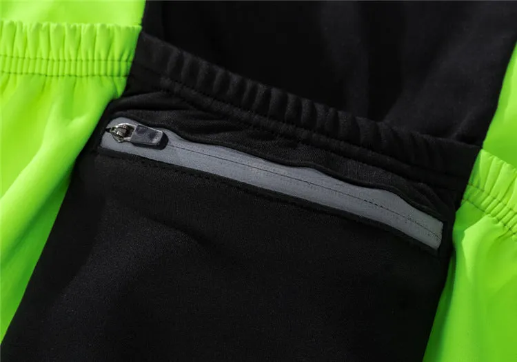 Unisex soft shell thermal fleece cycling jacket in black with green, side view