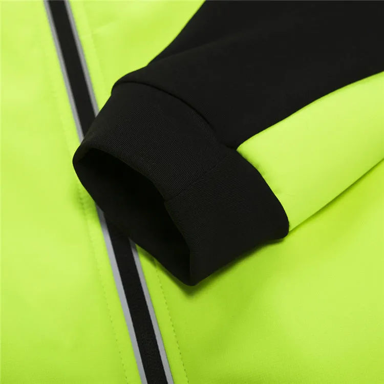 Unisex soft shell thermal fleece cycling jacket in black with green, side view