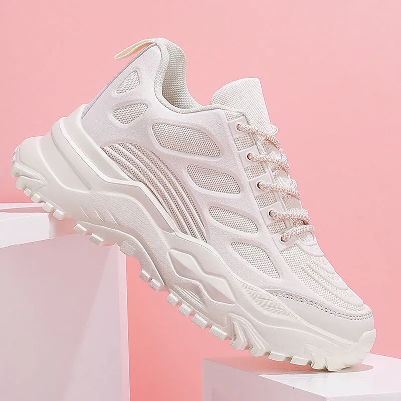 Men and women mesh breathable casual sports shoes with lace-up front in white, beige, black colours