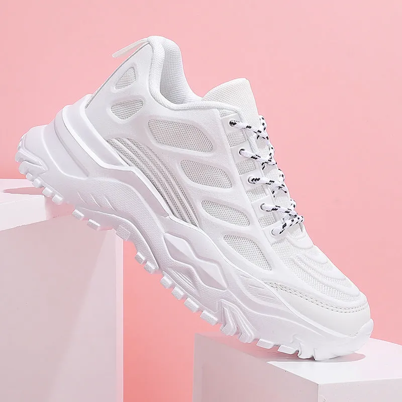 Men and women mesh breathable casual sports shoes with lace-up front in white, beige, black colours