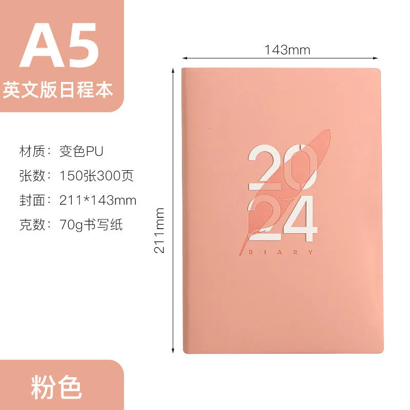 2024 English Schedule Book Daily Planner with blue imitation leather cover, 143 x 211mm