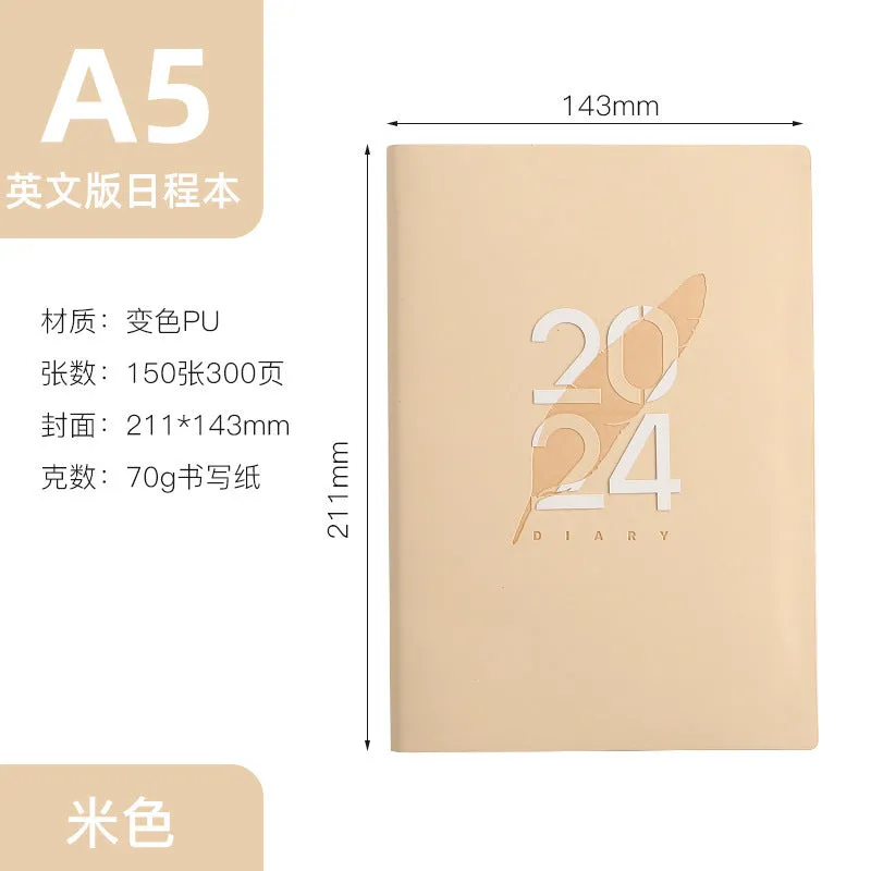 2024 English Schedule Book Daily Planner with blue imitation leather cover, 143 x 211mm
