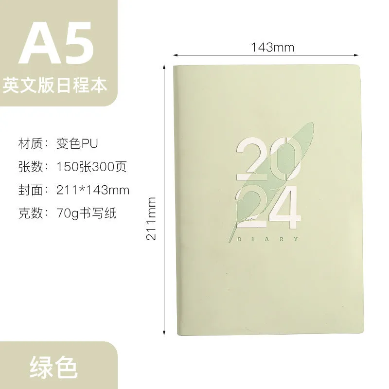 2024 English Schedule Book Daily Planner with blue imitation leather cover, 143 x 211mm