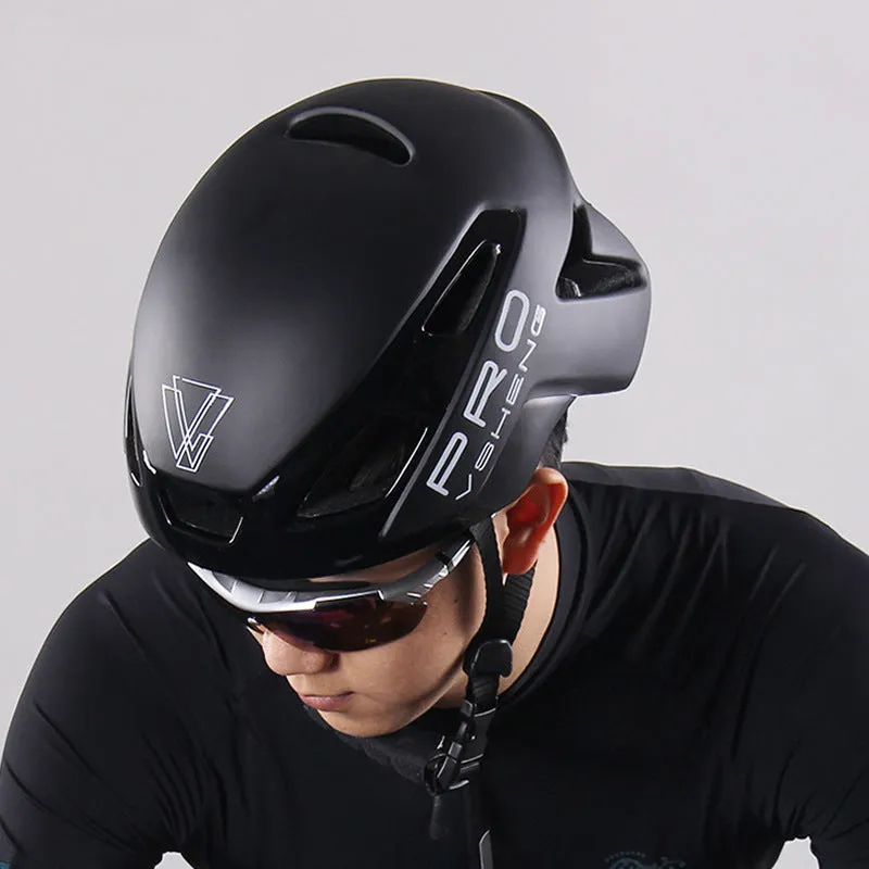 Road bicycle safety helmet in black with ventilation holes, adjustable buckle, and high density EPS foam and PC shell