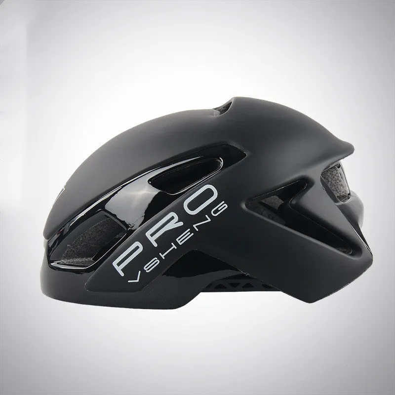 Road bicycle safety helmet in black with ventilation holes, adjustable buckle, and high density EPS foam and PC shell