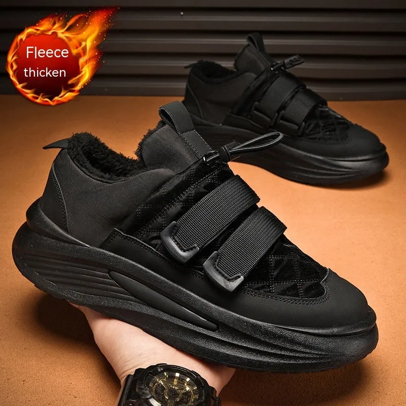 Men's black and gray striped lace-up platform sneakers with cotton upper and PVC sole on display