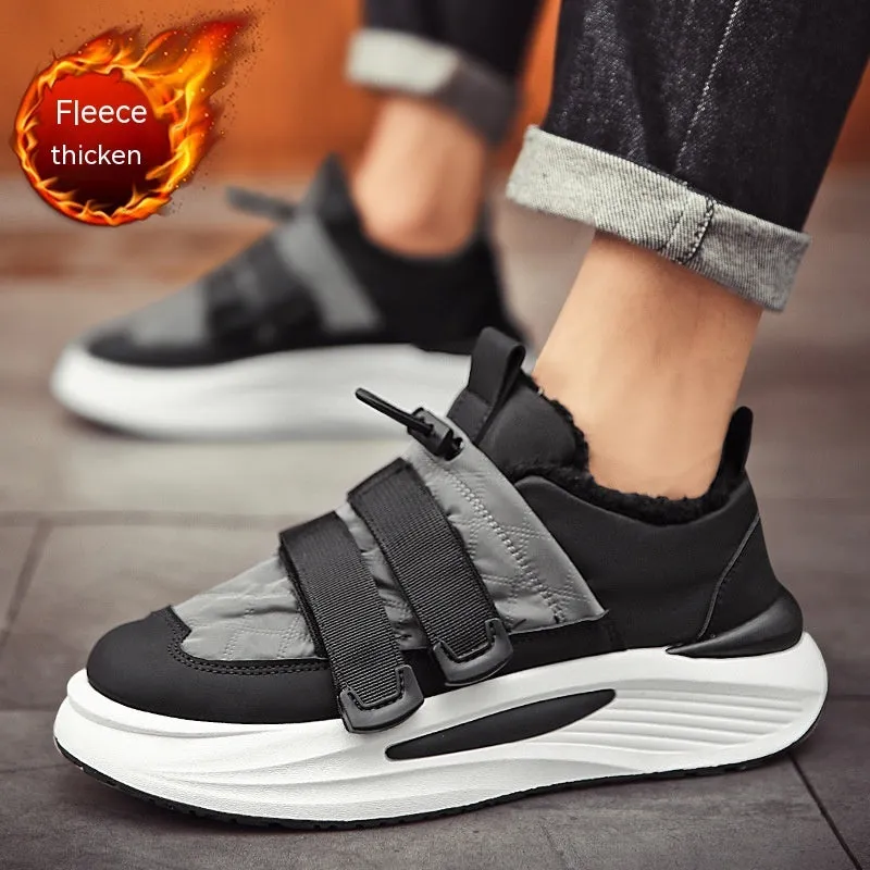 Men's black and gray striped lace-up platform sneakers with cotton upper and PVC sole on display