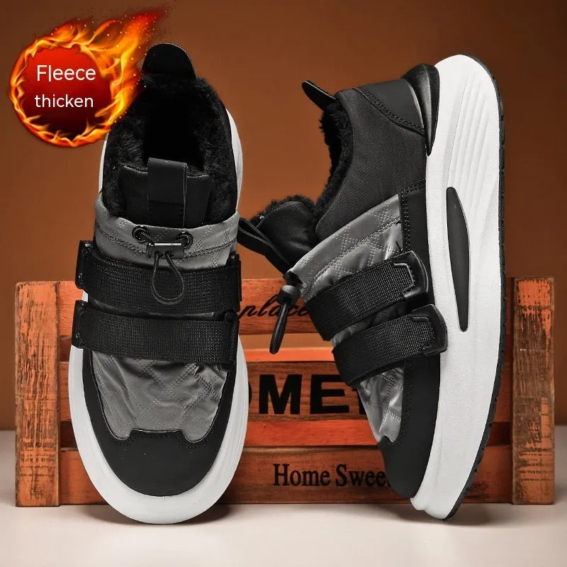 Men's black and gray striped lace-up platform sneakers with cotton upper and PVC sole on display