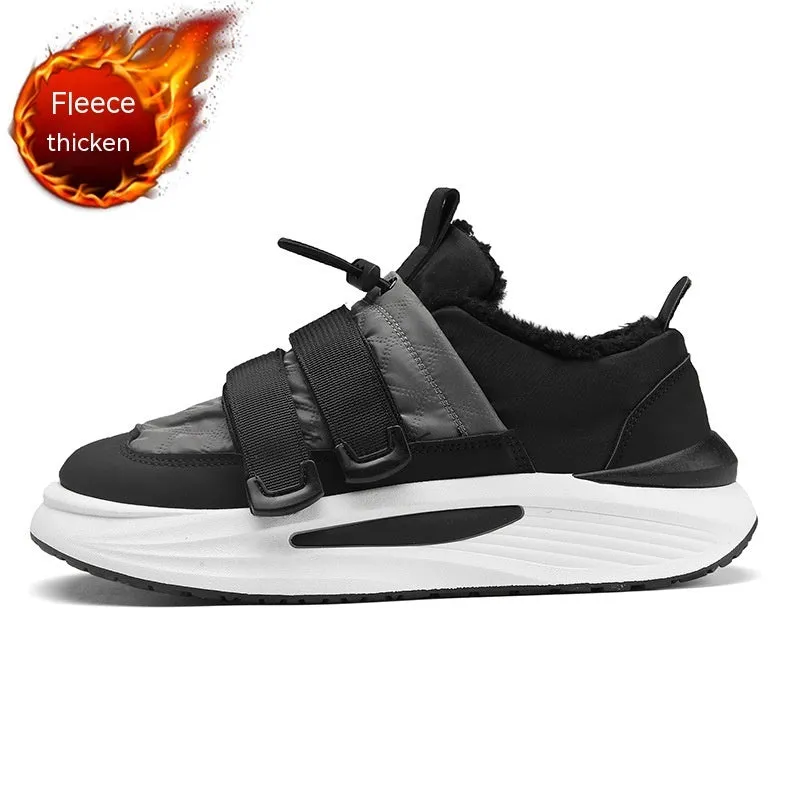 Men's black and gray striped lace-up platform sneakers with cotton upper and PVC sole on display