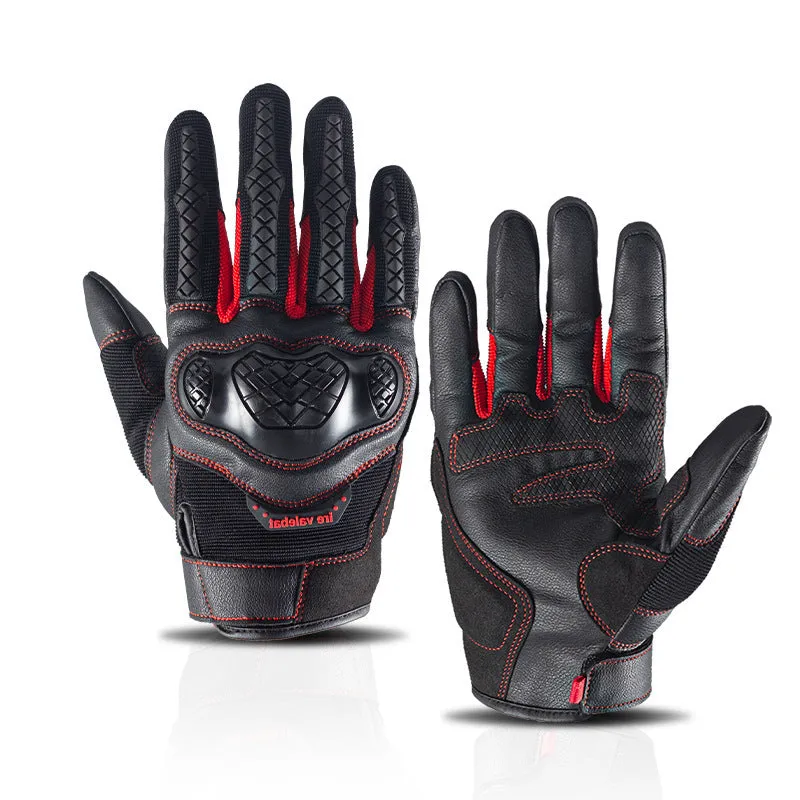 Men's universal leather motorcycle riding gloves in black, brown, green, red and grey colours, sizes S to XL