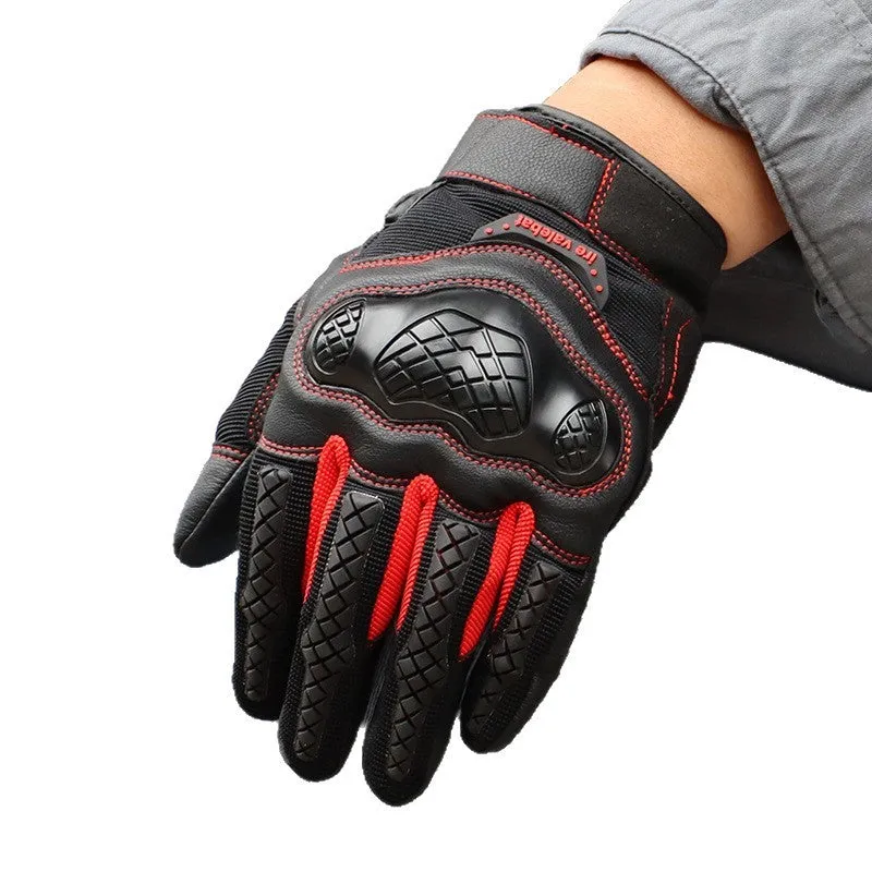 Men's universal leather motorcycle riding gloves in black, brown, green, red and grey colours, sizes S to XL