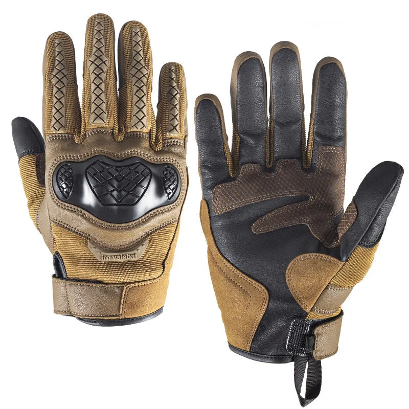 Men's universal leather motorcycle riding gloves in black, brown, green, red and grey colours, sizes S to XL