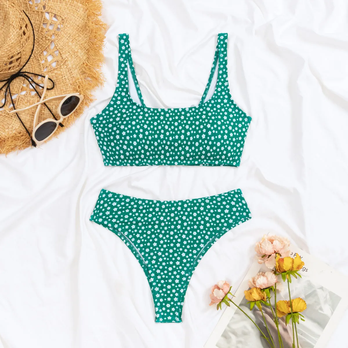 Women's printed floral halter bikini top with high-waist bottom in quick-drying polyester, shown in colour FF185GR