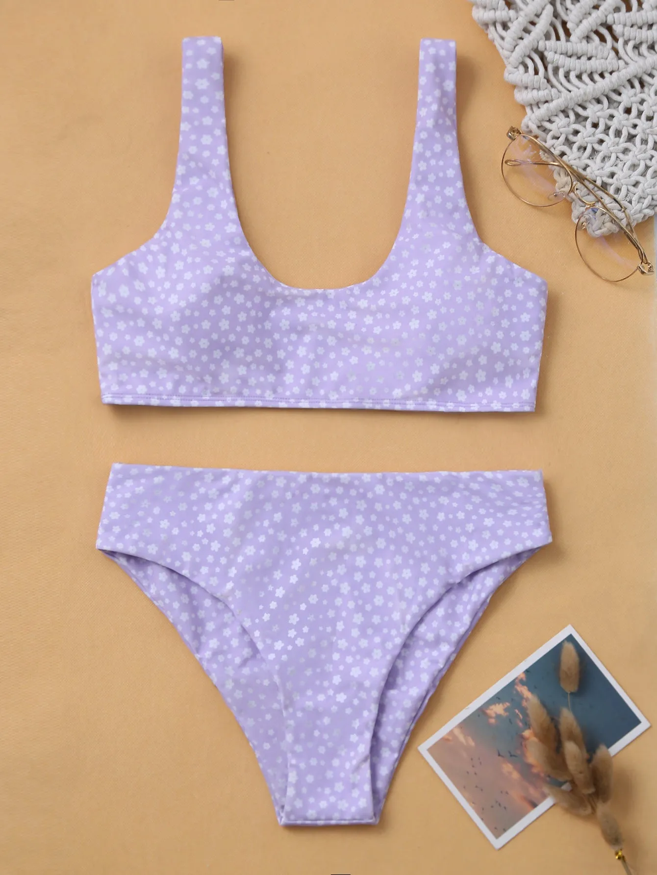 Women's printed floral halter bikini top with high-waist bottom in quick-drying polyester, shown in colour FF185GR