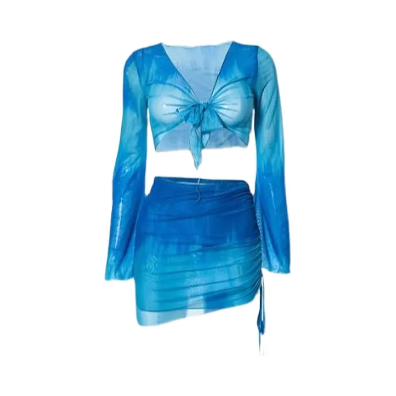 Women's blue high-waist bikini four-piece swimsuit set with shirt and skirt