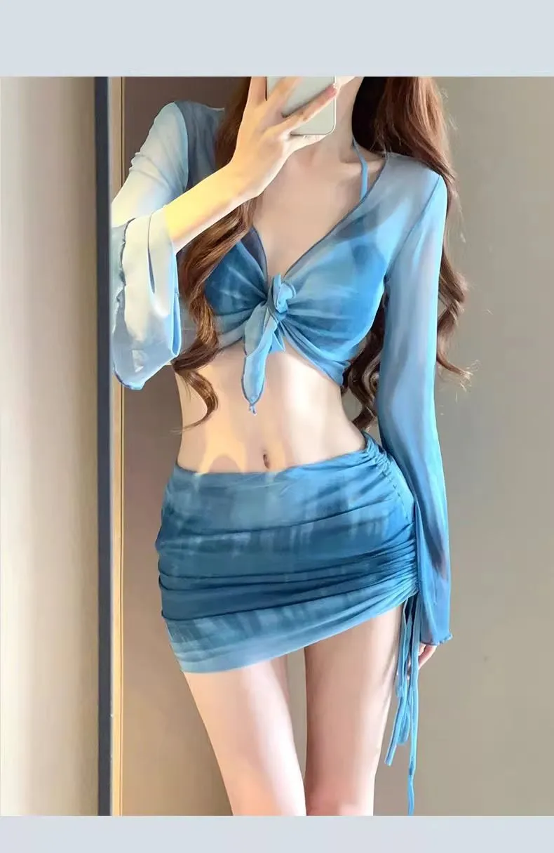 Women's blue high-waist bikini four-piece swimsuit set with shirt and skirt