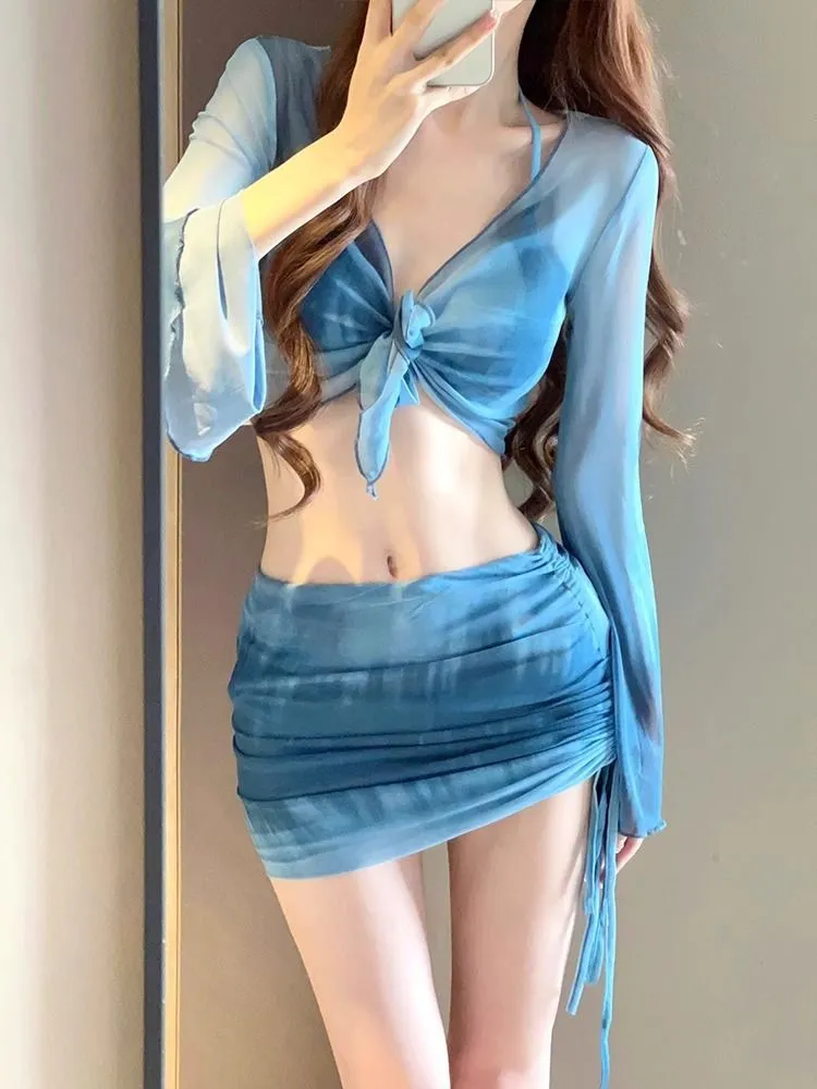 Women's blue high-waist bikini four-piece swimsuit set with shirt and skirt