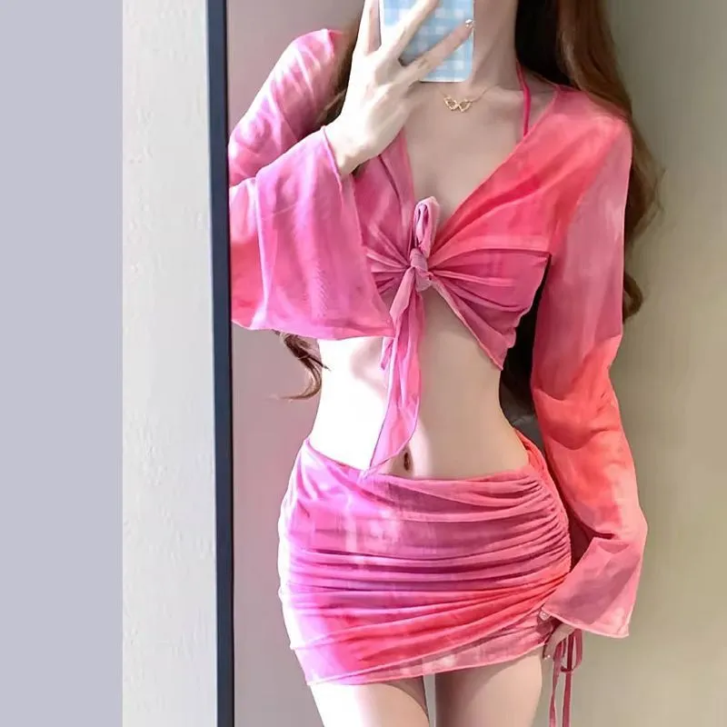Women's blue high-waist bikini four-piece swimsuit set with shirt and skirt