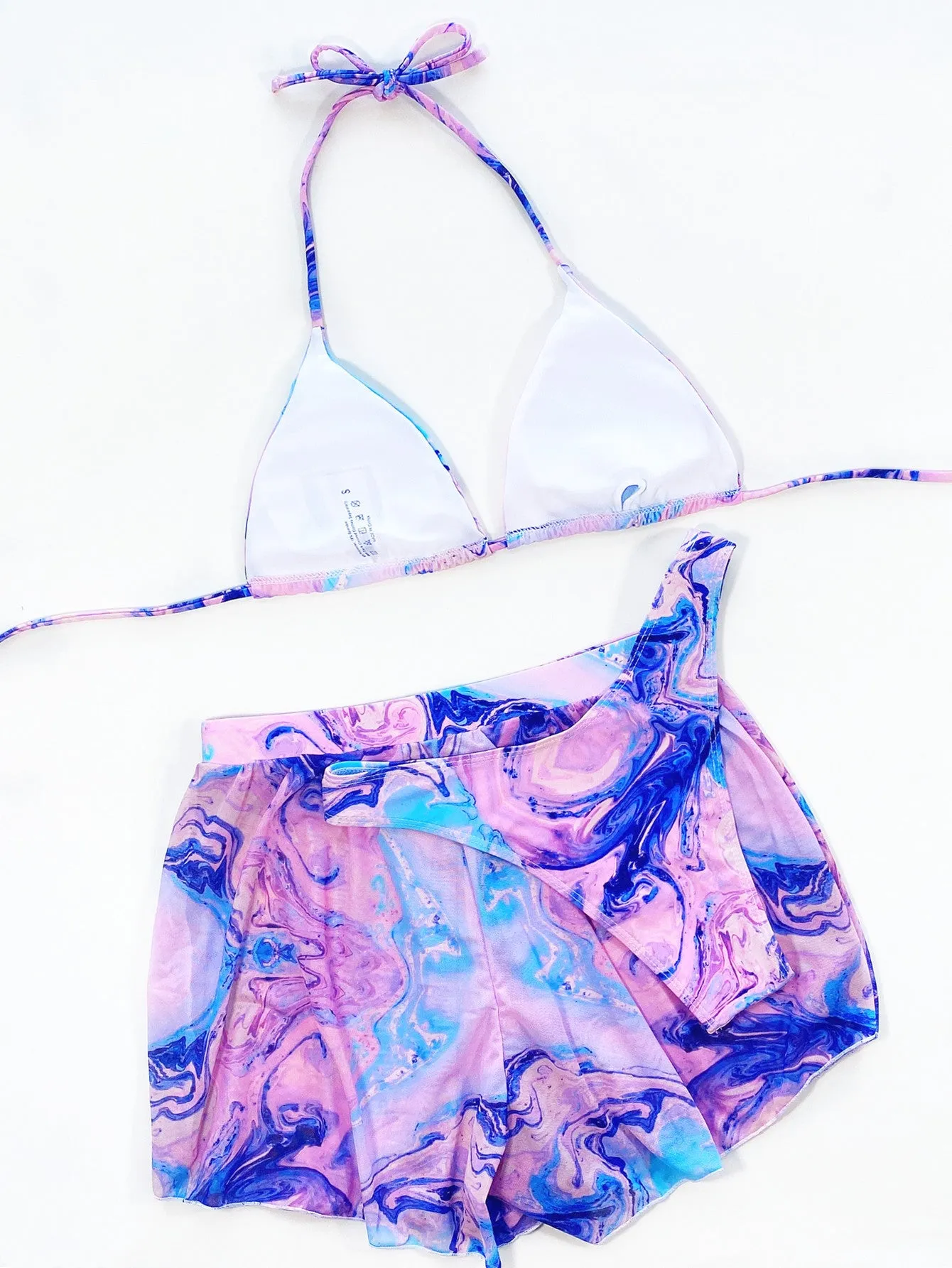 Plain pink triangle bikini three piece set with bra, shorts, and T-pants in nylon