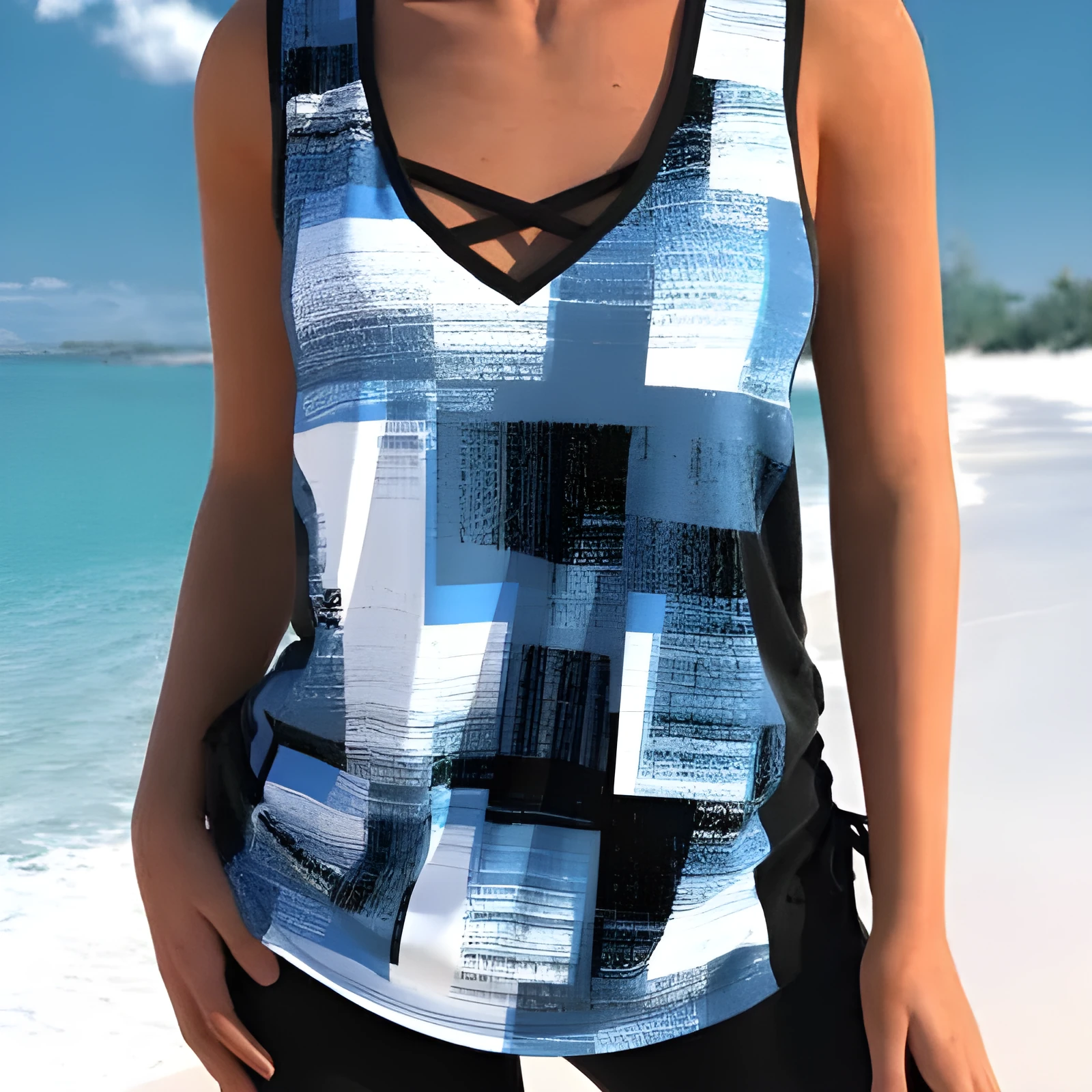 Women's printed split boxer swimsuit with matching top in black, navy blue, light green, or printed colours