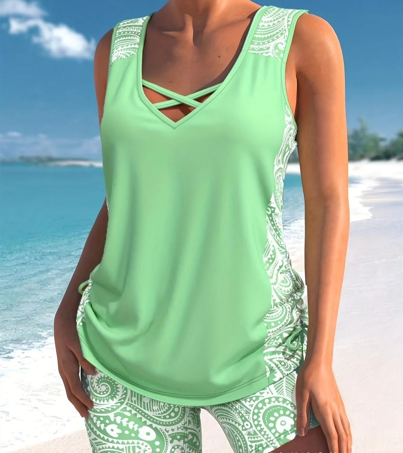 Women's printed split boxer swimsuit with matching top in black, navy blue, light green, or printed colours