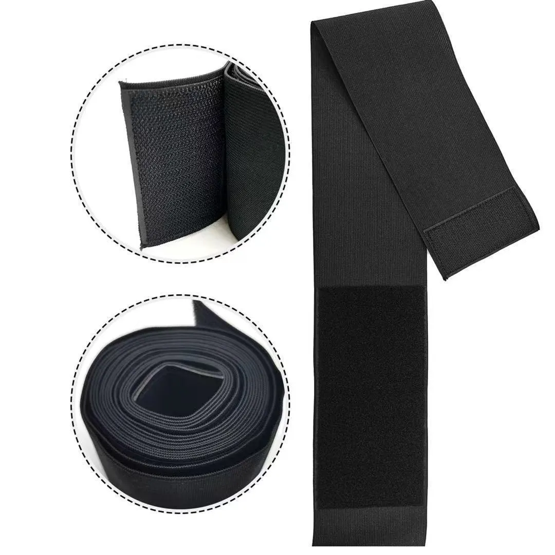 Black polyester waist training restraint belt for yoga body sculpting, 3 metre length shown on white background