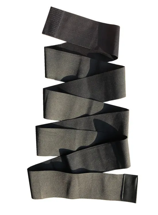 Black polyester waist training restraint belt for yoga body sculpting, 3 metre length shown on white background