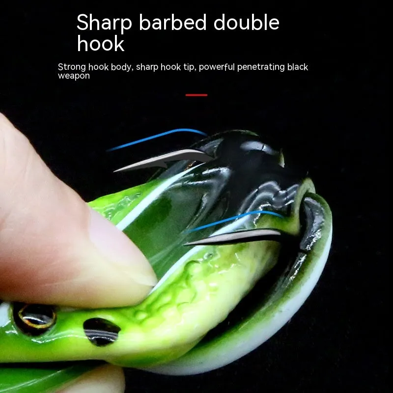 Luya fishing artificial lure with bionic frog snake head design and double hooks in black with yellow dots colour