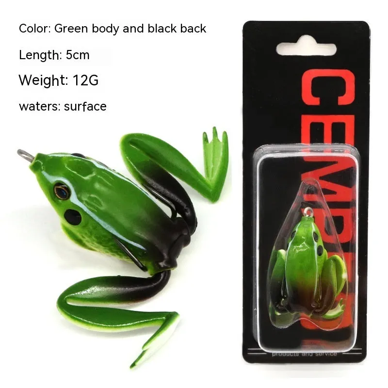 Luya fishing artificial lure with bionic frog snake head design and double hooks in black with yellow dots colour