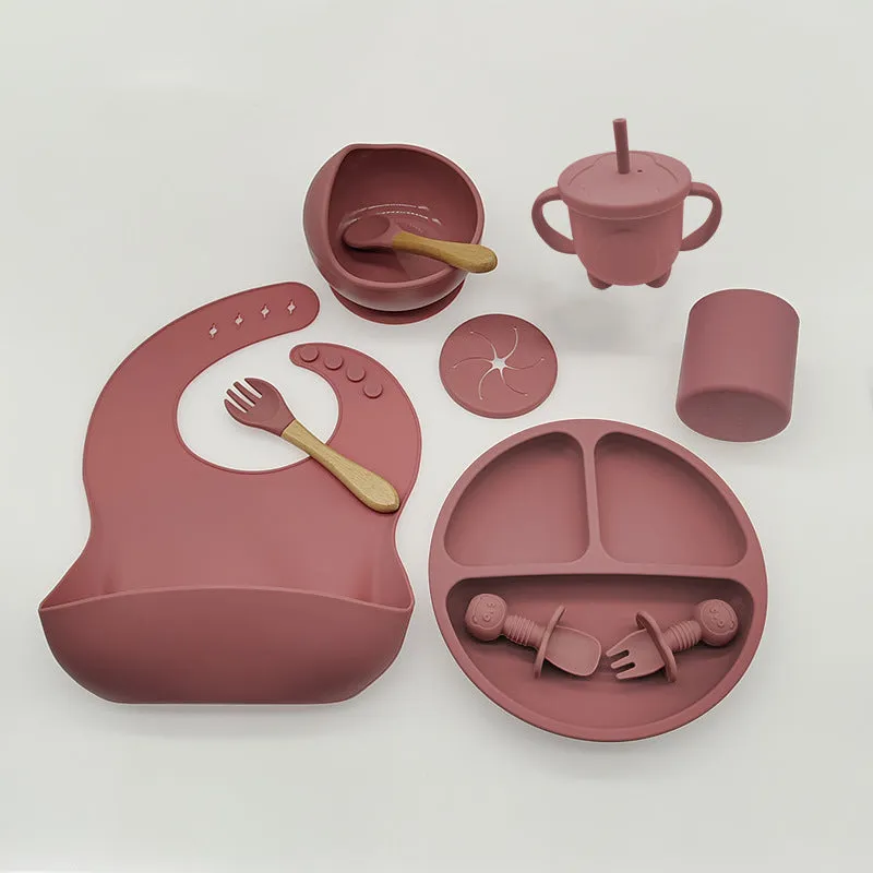 Baby silicone tableware set 10-piece simple style dark pink